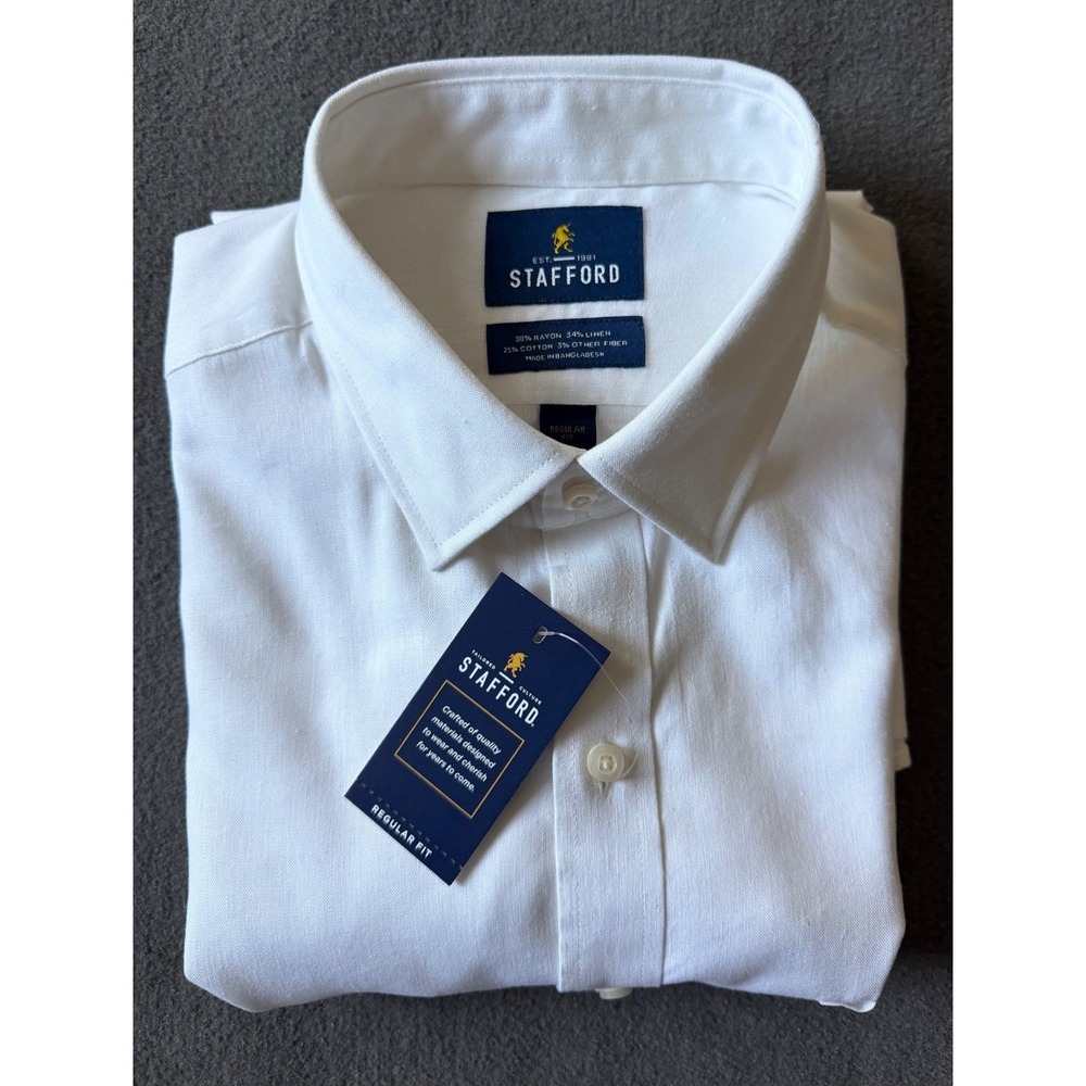 Stafford Mens White Linen Blend Long Sleeve Button Down Shirt Regular Fit L NWT
